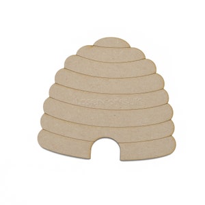 May include: A wooden cutout of a beehive with a rounded top and a small entrance at the bottom. The beehive is made of multiple layers, resembling honeycomb.