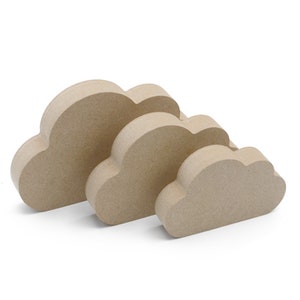May include: Three brown cardboard cloud shapes of varying sizes. The clouds are stacked on top of each other, with the largest cloud at the bottom and the smallest cloud at the top.
