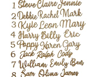 May include: Wooden name tags with numbers 1 through 8 and names written in cursive. The names are Steve, Claire, Jennie, Debbie, Rachel, Mark, Kyle, Leon, Mary, Harry, Billy, Eric, Poppy, Karen, Gary, Jack, Ralph, Cody, William, Emily, Ben, Sam, Olivia, and James.