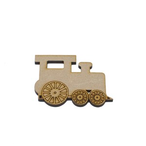 May include: Wooden cutout of a train engine with four wheels. The train is brown and has a simple design.