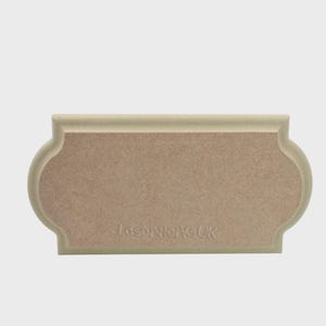 May include: A light brown, rectangular wooden sign with a decorative, curved border. The sign has the text "laserworkuk" etched into the bottom. The sign is a neutral colour and would be suitable for a variety of uses.