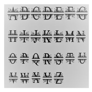 May include: A set of 26 split monogram letters with decorative flourishes. The letters are in black and are arranged in alphabetical order. Each letter is split in half with a horizontal line.