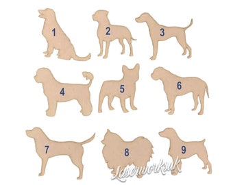 May include: Nine wooden dog silhouette cutouts, numbered 1 through 9. The cutouts are in various poses and breeds, including a retriever, a bulldog, a terrier, a poodle, a chihuahua, a husky, and a spitz.