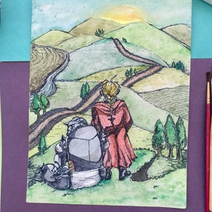 Fullmetal Alchemist Arte / Impresión artística en acuarela y tinta A5 / FMA / Edward y Alphonse Elric / Paisaje