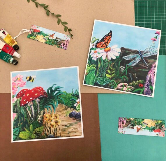 Garden Painting Art Prints | 8" x 8" | Set of 2 | Cottagecore Art | Toadstool Art | Butterfly Art | Bee Art | Insects | Flowers | Dragonfly