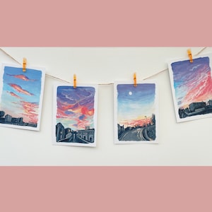 Impressions de cartes postales A6 | Lot de 4 | Paysage urbain coloré au coucher du soleil | Impressions d'art A6