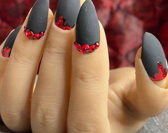 Halloween/ spooky Press on Nails with plaid and Bling/ Press on Nails/ Glue on Nails/ Sticky Tabs