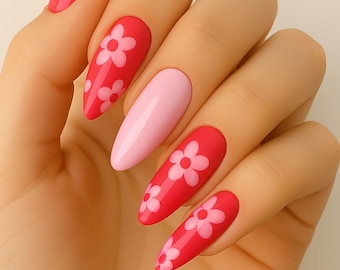 Pink Floral Press-On Nails | Daisy Flower Design | Almond Shape | Handmade Reusable Nail Set | Glossy Spring Nails