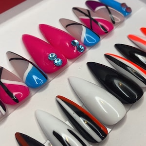 Laranja preto que brilha no escuro Unhas glamourosas / Neon Press on Nails com Bling / Glow in the dark Press on Nails / Cola nas unhas / Abas adesivas