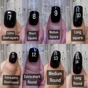 Puede incluir: Un gr&aacute;fico que muestra diferentes formas y longitudes de u&ntilde;as. El gr&aacute;fico muestra 8 formas de u&ntilde;as diferentes, incluyendo extra corto cuadrado, corto cuadrado, mediano cuadrado, largo cuadrado, extra extra corto redondo, extra corto redondo, mediano redondo y largo redondo.