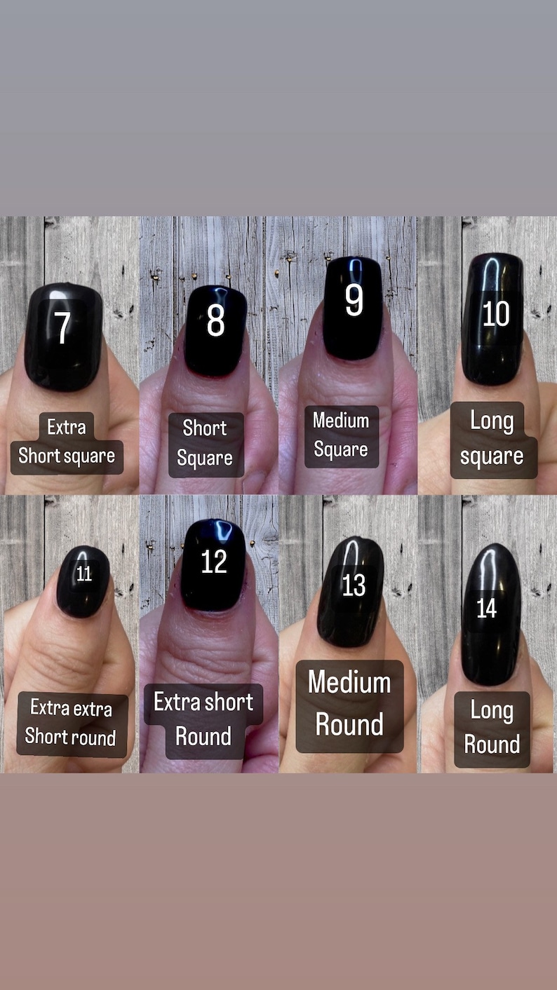 Puede incluir: Un gr&aacute;fico que muestra diferentes formas y longitudes de u&ntilde;as. El gr&aacute;fico muestra 8 formas de u&ntilde;as diferentes, incluyendo extra corto cuadrado, corto cuadrado, mediano cuadrado, largo cuadrado, extra extra corto redondo, extra corto redondo, mediano redondo y largo redondo.