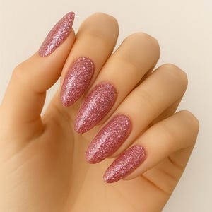 Spring Press-On Nails | Glitter Almond Shape | Glossy Handmade Nail Set | Reusable | Fake Nails