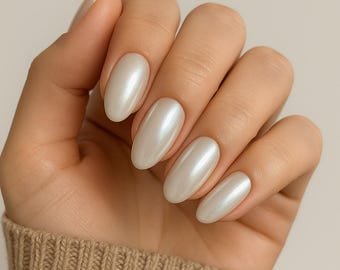 Pearl Glow Press-On Nails – Iridescent White Almond Shape | Classy & Reusable