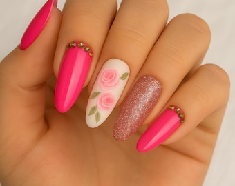 Uñas postizas con rosas rosas: brillo de diamantes de imitación, uñas para San Valentín