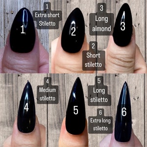 Puede incluir: Se muestran seis formas de u&ntilde;as diferentes, etiquetadas del 1 al 6, sobre un fondo de madera. Las formas son stiletto extra corto, stiletto corto, almendra larga, stiletto mediano, stiletto largo y stiletto extra largo.