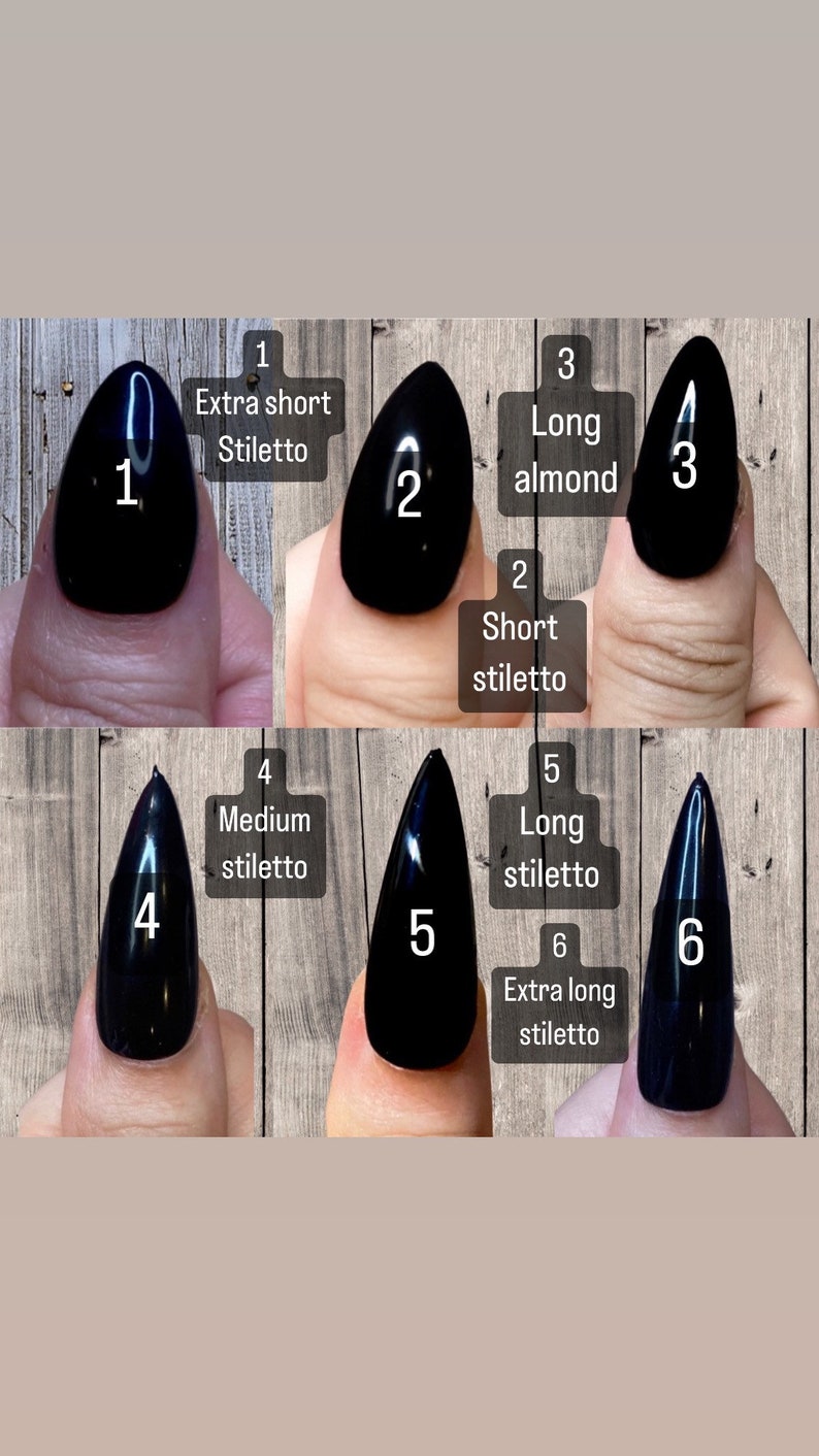 Puede incluir: Se muestran seis formas de u&ntilde;as diferentes, etiquetadas del 1 al 6, sobre un fondo de madera. Las formas son stiletto extra corto, stiletto corto, almendra larga, stiletto mediano, stiletto largo y stiletto extra largo.