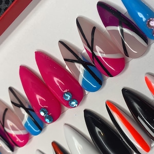 Rosa preto que brilha no escuro Unhas glamourosas / Neon Press on Nails com Bling / Glow in the dark Press on Nails / Cola nas unhas / Abas adesivas