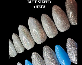 Blue gradient Nails / silver cat eye press on Nails/ Sticky Tabs