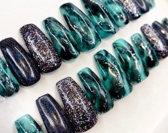 Turquoise Birthstone/ Turquoise White/  Press on Nails with glitter and Bling/ Press on Nails/ Glue on Nails/ Sticky Tabs/ Turquoise