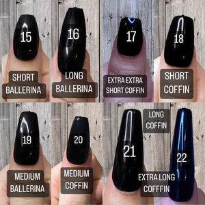 Puede incluir: Una gu&iacute;a visual de diferentes formas y longitudes de u&ntilde;as, incluyendo bailarina corta, bailarina larga, ata&uacute;d corto, ata&uacute;d extra extra corto, bailarina mediana, ata&uacute;d mediano, ata&uacute;d largo y ata&uacute;d extra largo.