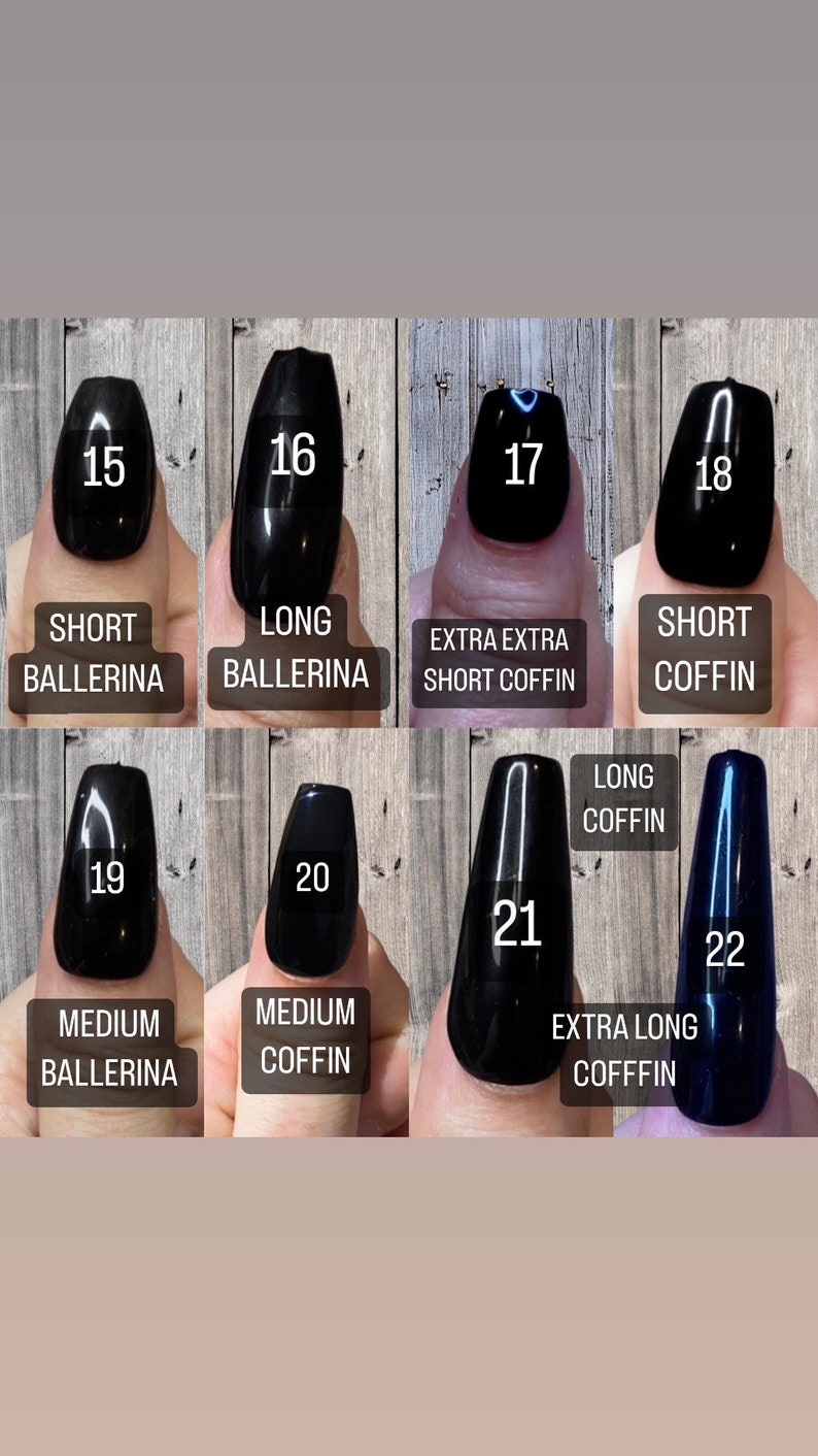 Puede incluir: Una gu&iacute;a visual de diferentes formas y longitudes de u&ntilde;as, incluyendo bailarina corta, bailarina larga, ata&uacute;d corto, ata&uacute;d extra extra corto, bailarina mediana, ata&uacute;d mediano, ata&uacute;d largo y ata&uacute;d extra largo.
