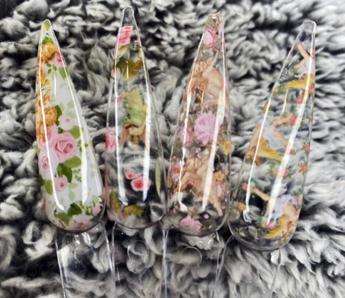 Angel foil/ Press on Nails with Flower Foils and Bling/ Press on Nails/ Glue on Nails/ Sticky Tabs
