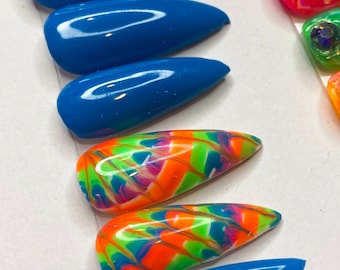Neon tie-dye Glamour nails / Pink Press on Nails with Bling/ Press on Nails/ Glue on Nails/ Sticky Tabs