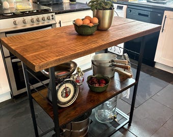 Rustic~Solid wood, compact counter kitchen island~butchers block~side table~kitchen storage~