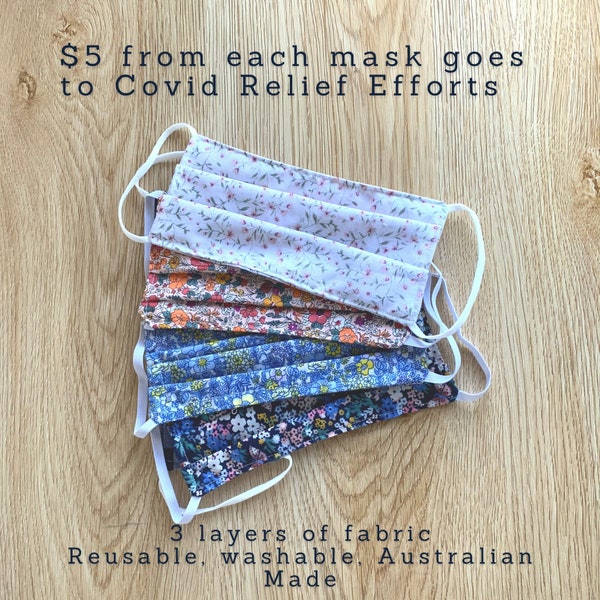 Three Layer Cotton Face Masks - Floral