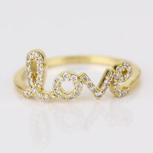 Love Script Diamant Ring, 14K Solid Gold, Statement Ring, Naturdiamanten, Inspiration Schmuck, Geschenk für sie, Wort stapelbar Ring