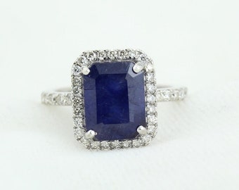 Blue Sapphire Diamond Ring, Gemstone Ring, Emerald Cut Blue Sapphire Ring, 14k Solid Gold, Natural Diamonds, Gift for her