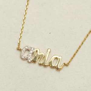 Collar con colgante con nombre personalizado, letra de diamante en oro macizo de 14 k, diamantes naturales, joyería personalizada, collar con nombre, minimalista