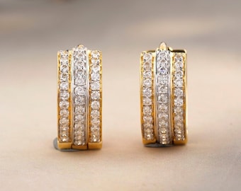 Triple line Diamond Earrings, Huggie earrings. 14k Solid Gold Earrings, Natural Diamonds, Gift for her, Dainty Diamond Earrings