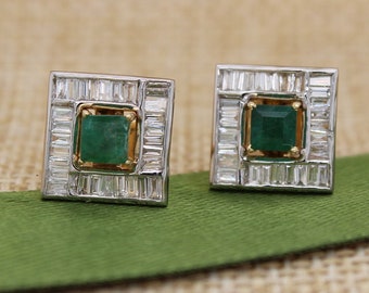 Emerald Stud Earrings In 14k Solid Gold, Gemstone Earrings With Baguette Diamonds, Gift for Women