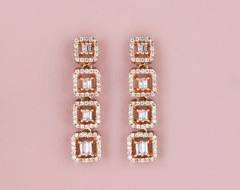 Dangling Diamond Earrings, Square Halo Design, 14K Solid Gold, Baguette and Round Natural Diamonds, Gift for her