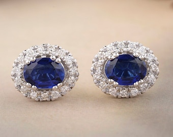 3 ct Oval Blue Sapphires Earrings with Diamond Halos, Gemstone Stud earrings, 14K Solid Gold, Natural Diamonds, Gift for her