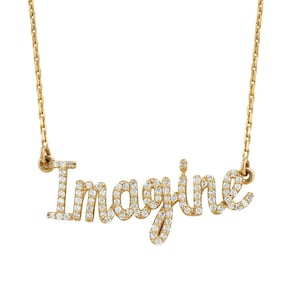 Stellen Sie sich vor Diamant Halskette, 14kt Solid Gold Anhänger Halskette, Script Wort Halskette, Inspirational Schmuck, Handgefertigter Schmuck, Geschenk für sie