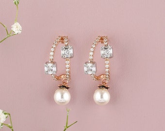 Pearl Drop Earrings, 14k Solid Gold, Natural Diamonds, Illusion Setting, Double Diamond Lines with Motifs, Baguette & Round Diamond Earrings