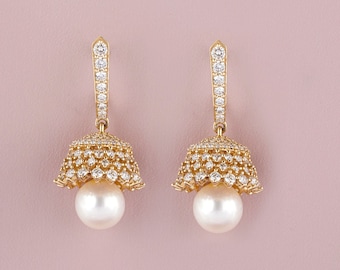 Pearl Drop Diamond Earrings, Bridal Earrings, 14K Solid Gold, Natural Diamonds, Gift for her