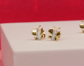 Kids Butterfly Diamond Stud Earrings, 14k Solid Gold, Natural Diamonds, Kids Jewelry