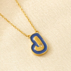 Collar con colgante inicial personalizado, letra burbuja de oro macizo de 14 k con esmalte de diamante, diamantes naturales, joyería minimalista personalizada, regalo para ella