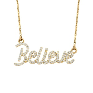 Collar de diamantes Believe, oro macizo de 14 k, joyería fina inspiradora, joyería artesanal, collar con palabras, collar con palabras en escritura, regalo para ella