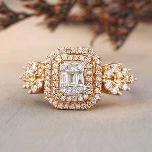 Rectangular halo design with side leaves diamond ring