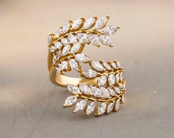 Marquise takken & bladeren Diamond Ring, 14K Solid Gold, Wrap Ring, natuurlijke diamanten, cadeau voor haar
