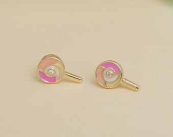 Kids Lollipop Diamond Stud Earrings, 14k Solid Gold With Enameling, Natural Diamonds, Kids Jewelry