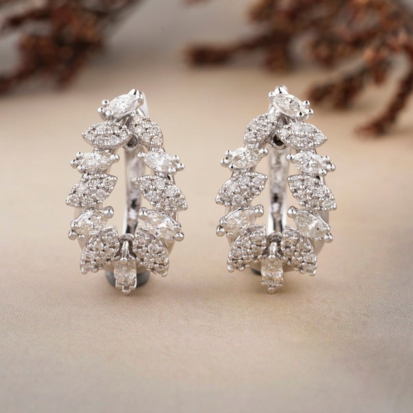 Leaves and Wreath Design Diamond Earrings, Marquise Diamond, 14k Solid Gold, Natural Diamonds, Gift for her, Bridal jewelry