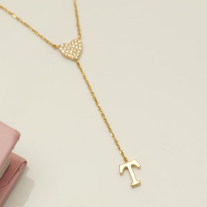Collar de lazo con inicial de corazón personalizado, dije de diamantes de oro macizo de 14 k, diamantes naturales, joyería con nombre personalizado, minimalista