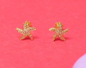 Kids Starfish Diamond Stud Earrings, 14k Solid Gold, Natural Diamonds, Kids jewelry