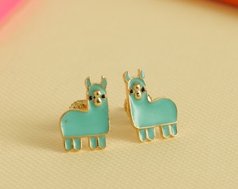 Kids Llama Stud Earrings, 14k Solid Gold With Enameling, Kids Jewelry