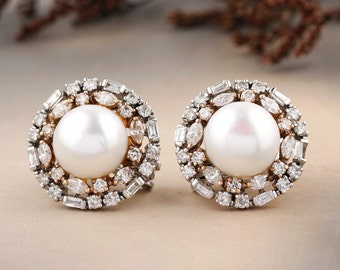 Pearl Studs with Diamond Outlines, Marquise, Baguettes & Pearl Earrings, 14K Solid Gold, Natural Diamonds, Gift for her